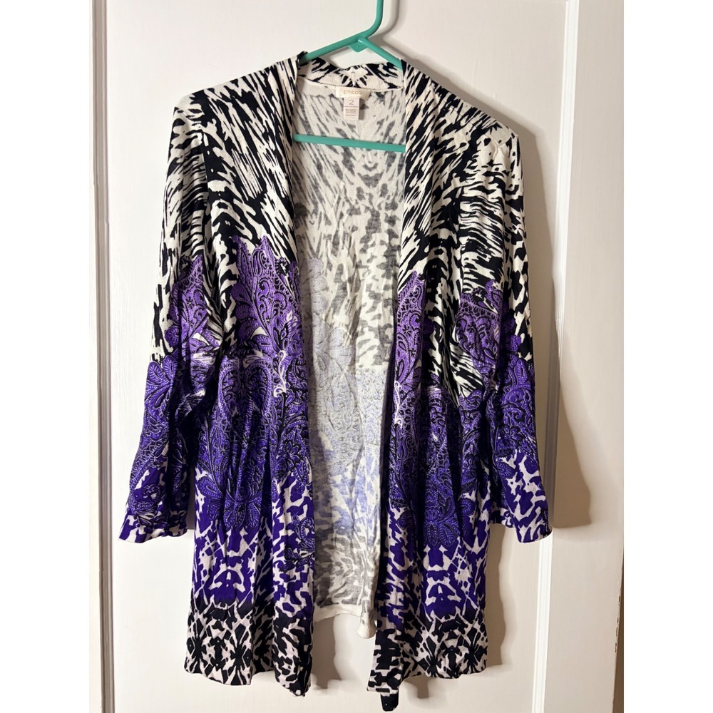 Chicos Open Front Cardigan Purple Zebra Paisley Print Knit Sweater Size 2 Large